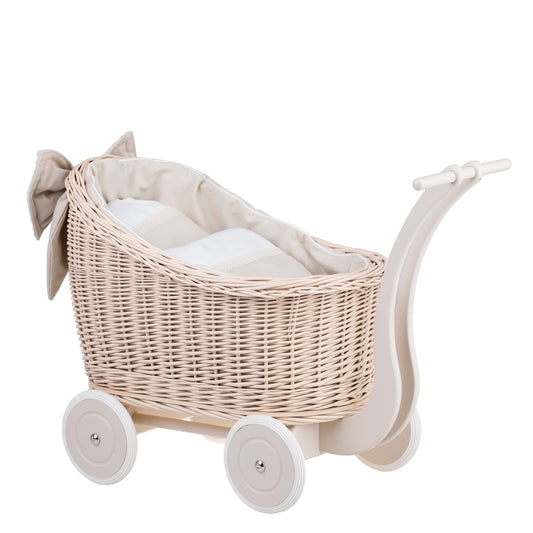 Luna wicker doll stroller with beige trim, blanket, and pillow