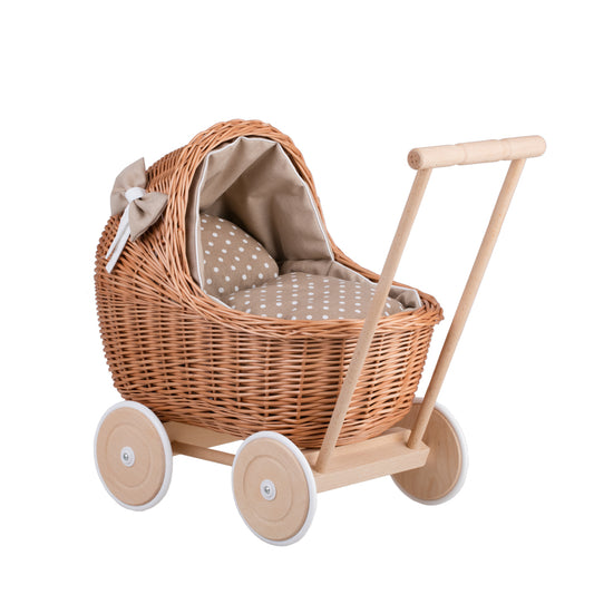 Lili wicker doll stroller with beige trim, blanket, and pillow