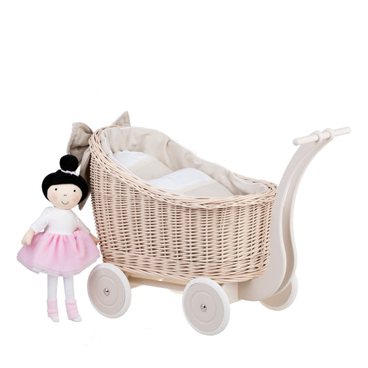 Luna wicker doll stroller with beige trim, blanket, and pillow
