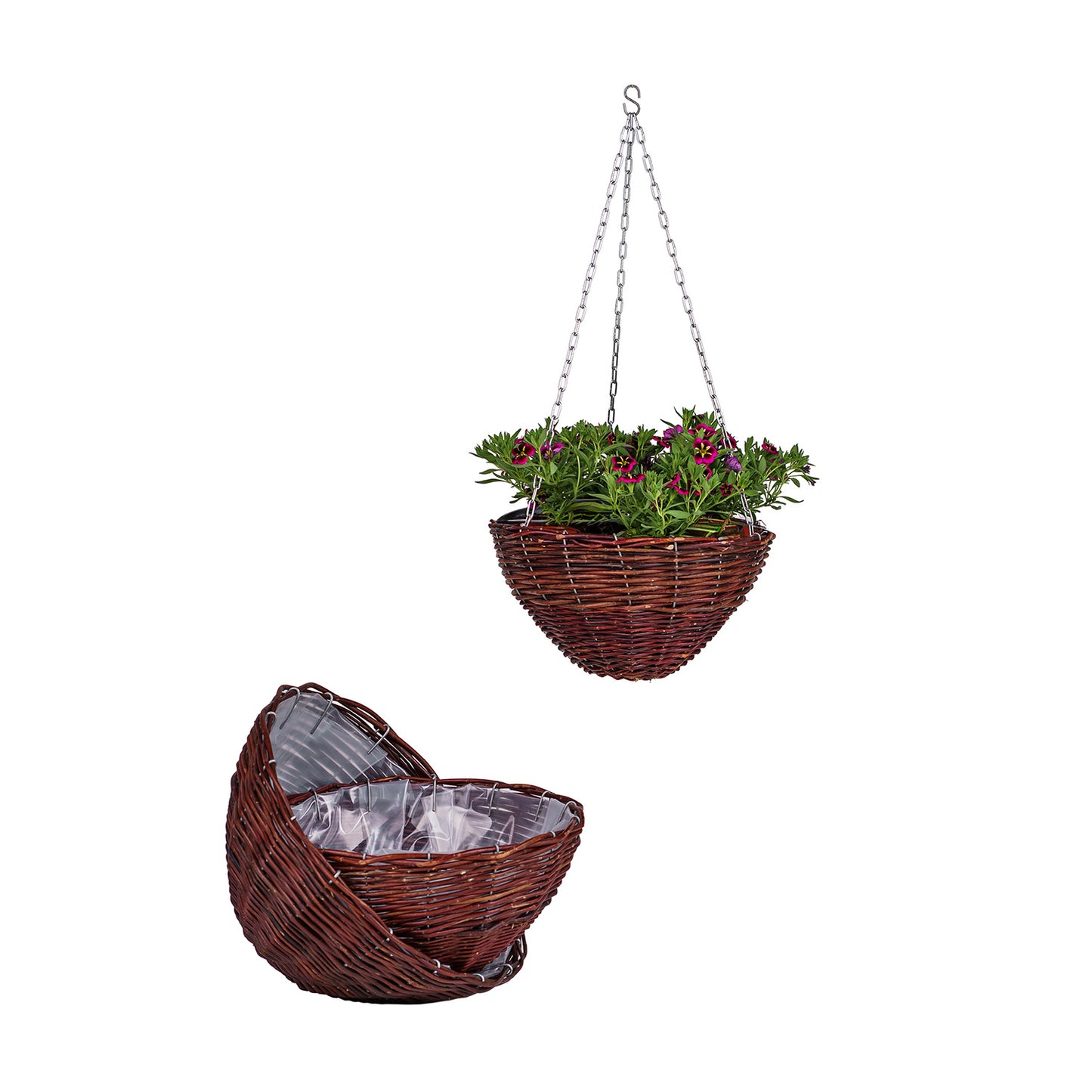 Pallados wicker hanging planter for flowers with chain and plastic liner, set of 3 TheWickerStories