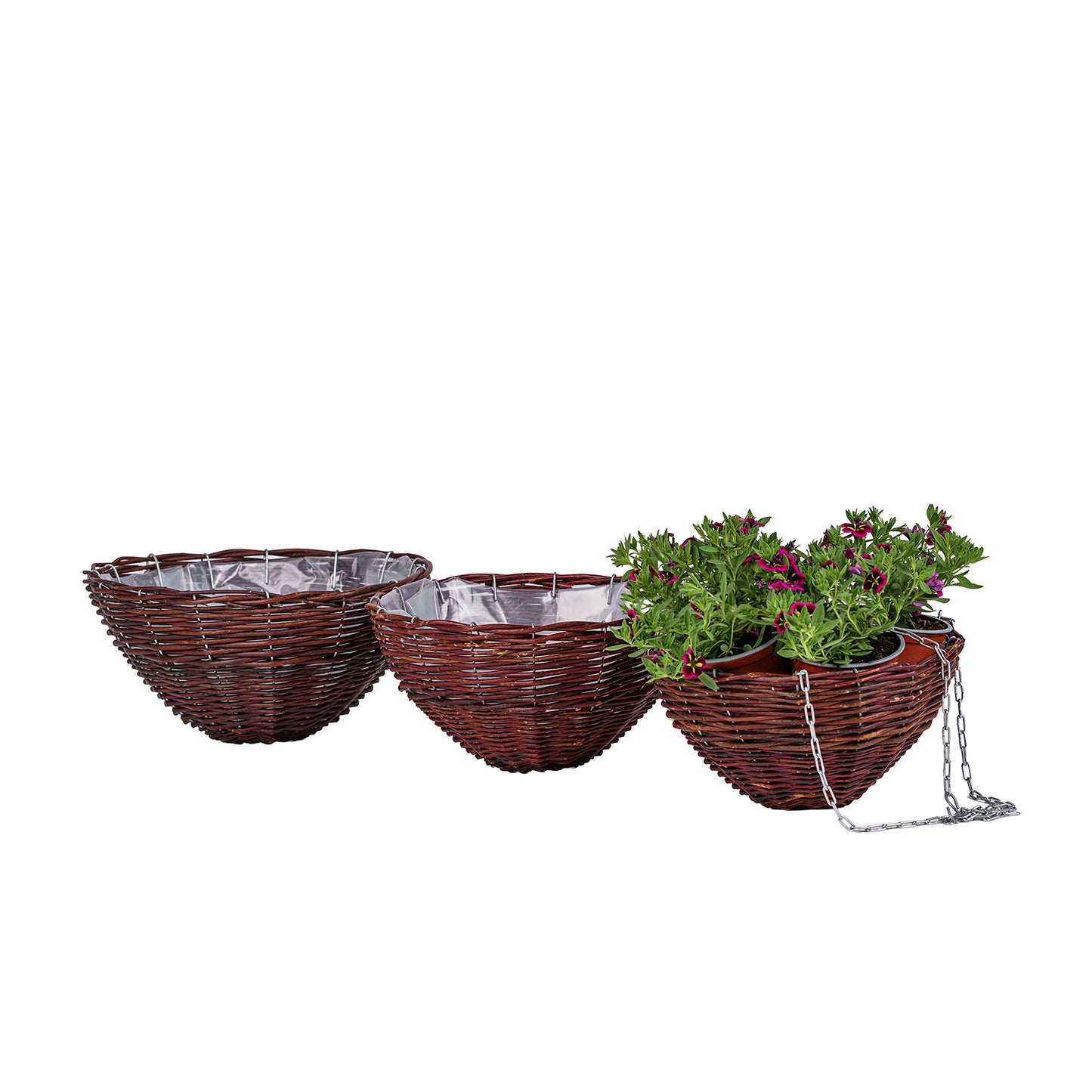 Pallados wicker hanging planter for flowers with chain and plastic liner, set of 3 TheWickerStories