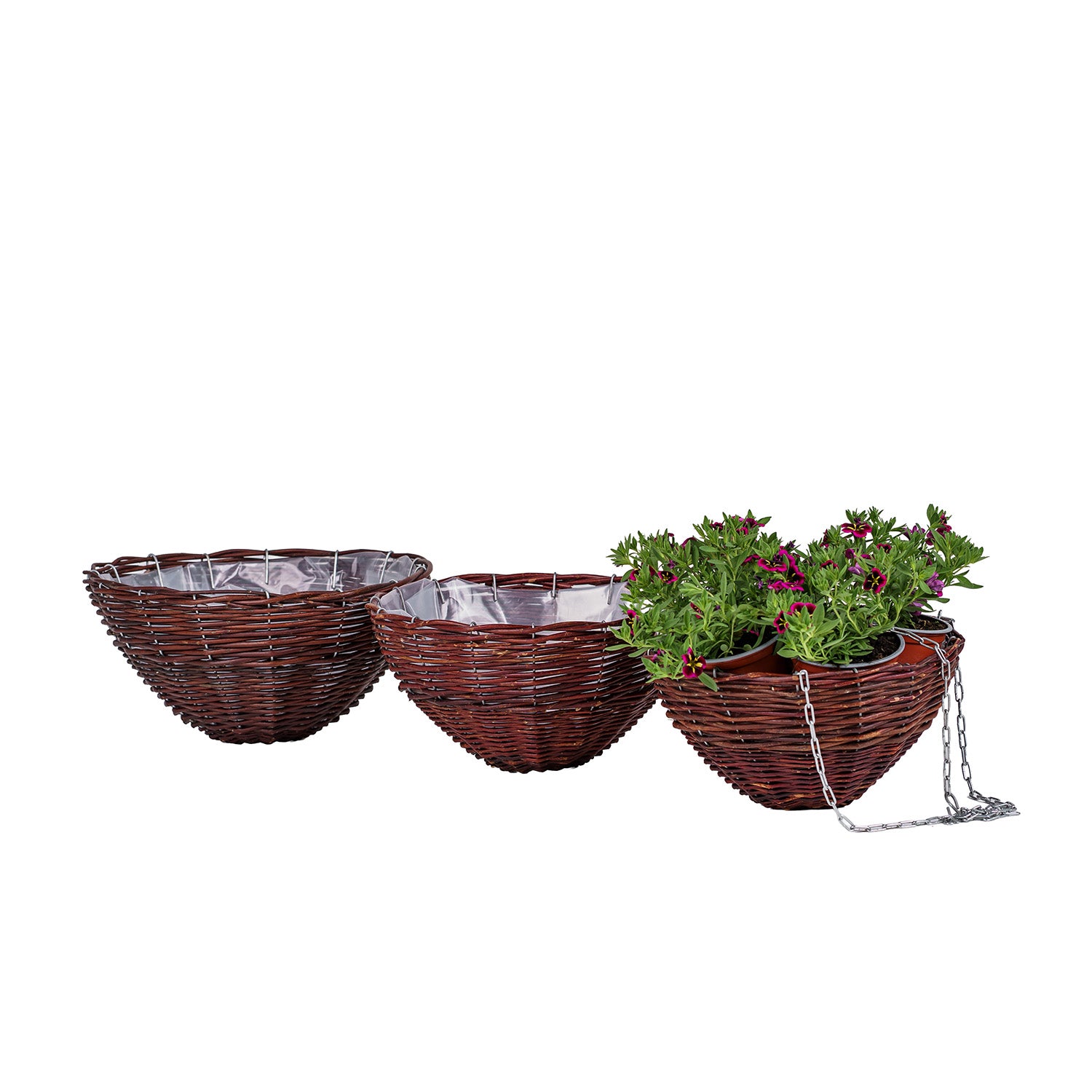 wicker hanging planter for flowers with chain and plastic liner, set of 3