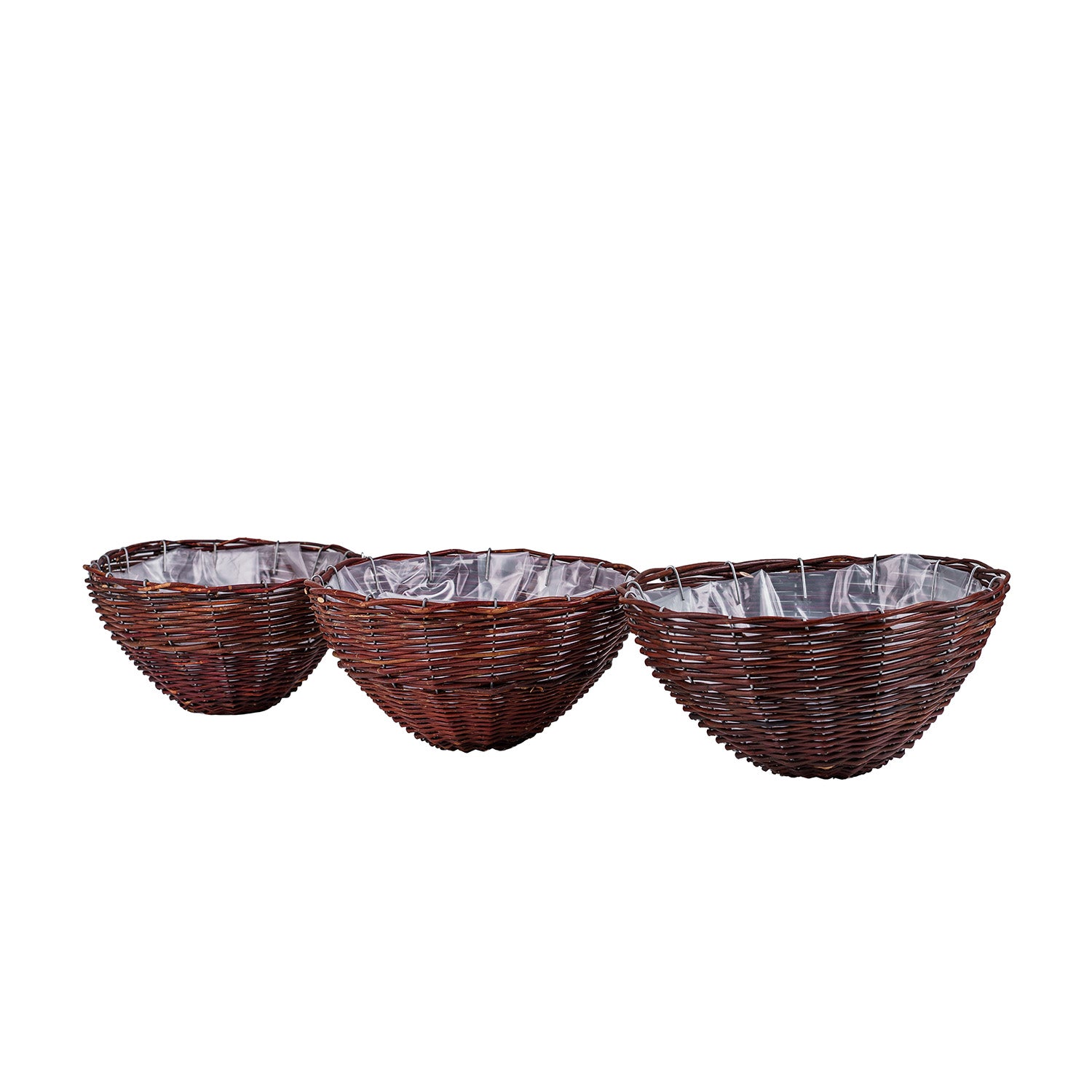 wicker hanging planter for flowers with chain and plastic liner, set of 3