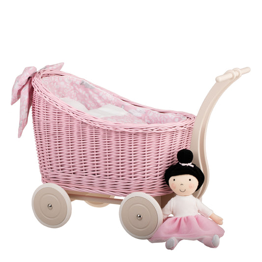 Luna wicker doll stroller with pink trim, blanket, and pillow