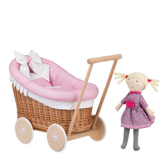 Luna wicker doll stroller with pink trim, blanket, and pillow