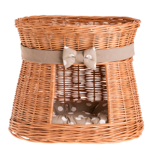 Erif rieten kattenhuis met beige kussens, twee verdiepingen, met strik