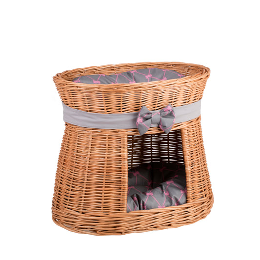 Erif rieten kattenhuis met twee niveaus, met grijze kussens en een strik