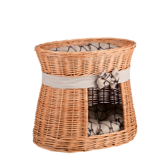 Erif gevlochten kattenhuis met beige kussens en een strik, met twee verdiepingen