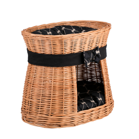 Erif rieten kattenhuis, twee niveaus, met zwarte kussens en strik