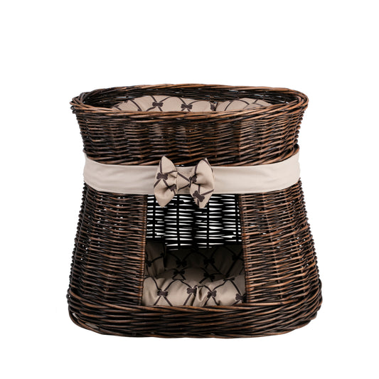 Erif gevlochten rieten kattenhuis op twee verdiepingen met beige rand, twee kussens en een strik