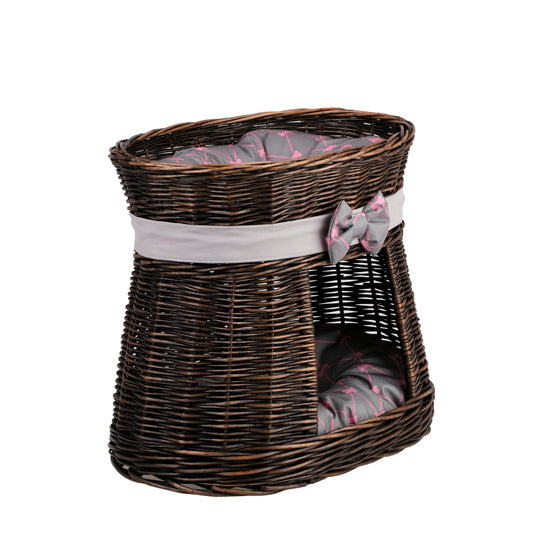 Erif gevlochten, tweelaags kattenhuis met grijze kussens en een decoratieve strik