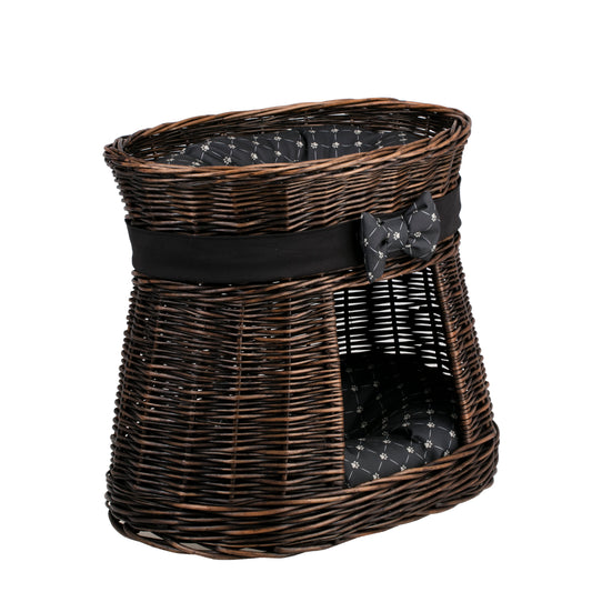 Erif gevlochten kattenhuis van wilg met twee verdiepingen, met kussens en een strik