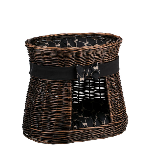 Erif rieten kattenhuis met zwarte bies, met twee kussens en een strik