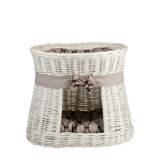 Erif rieten kattenhuis met twee verdiepingen, met beige kussens en een strik