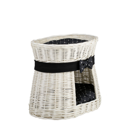 Erif rieten kattenhuis, tweelaags, met zwarte kussens en strik