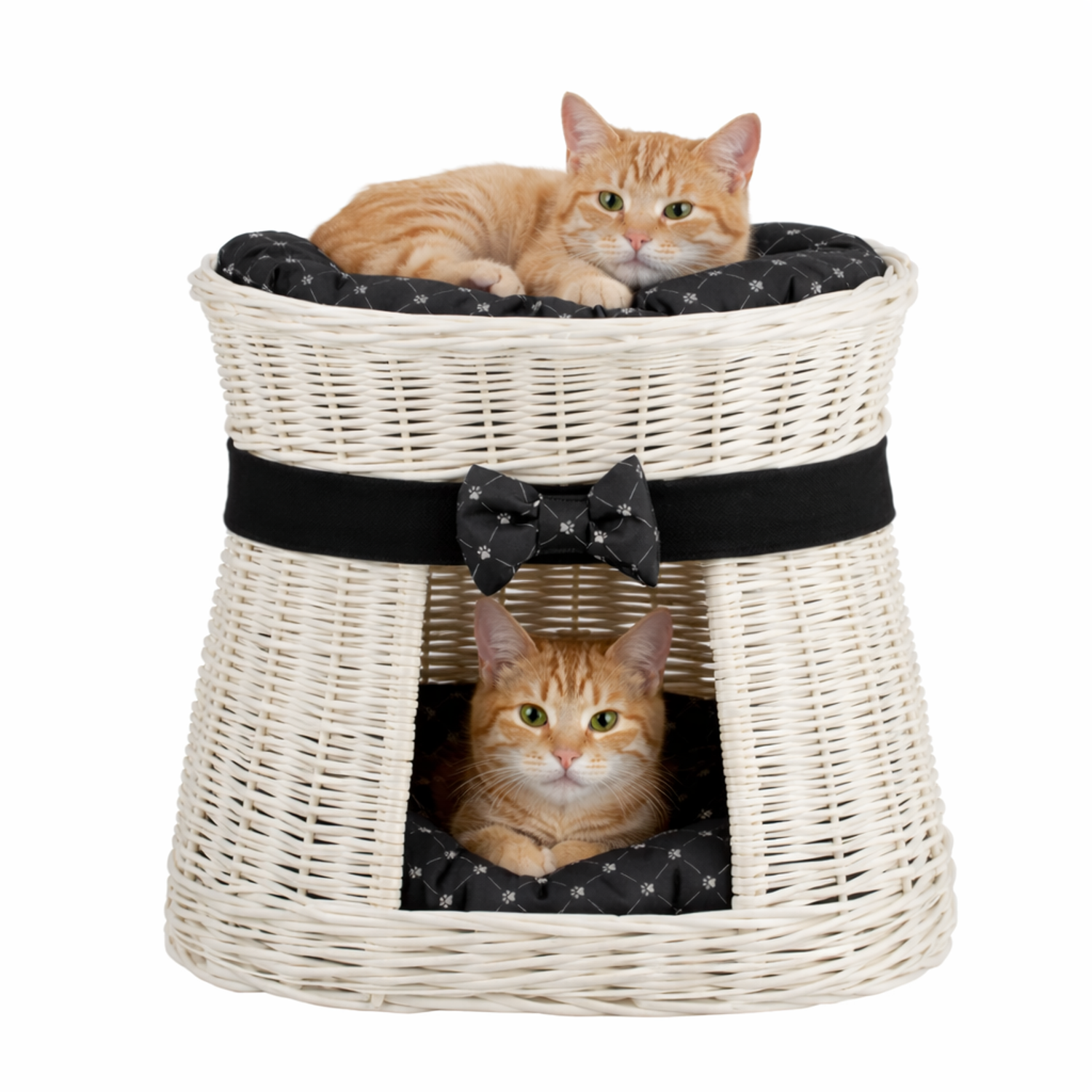 rieten kattenhuis, tweelaags, met zwarte kussens en strik