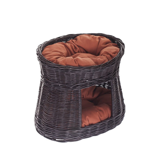 Erif rieten kattenhuis met roestkleurige kussens, twee verdiepingen