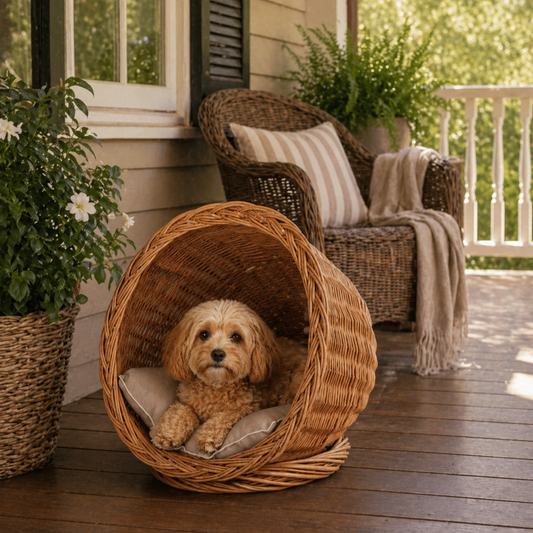 wicker pet bed with beige cushion