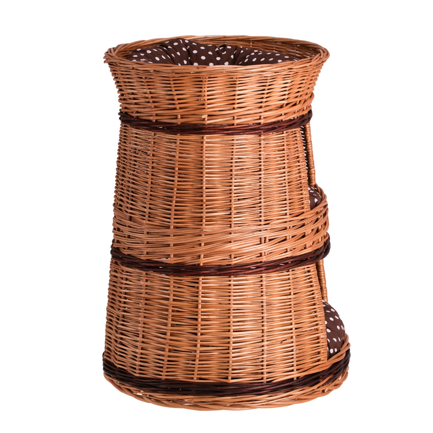 Elnoria wicker cat house with brown cushions, three levels TheWickerStories