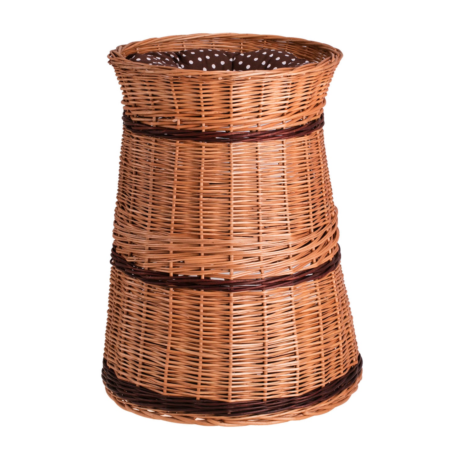 Elnoria wicker cat house with brown cushions, three levels TheWickerStories