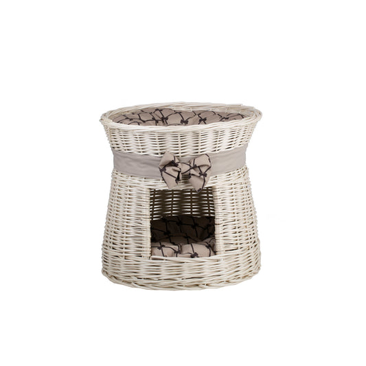 Eralis rieten kattenhuis met crèmekleurige afwerking, twee kussens en een strik