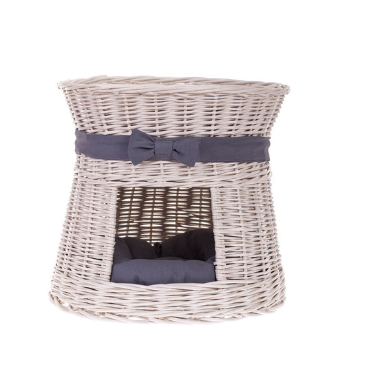 Eralis rieten kattenhuis met kussens en strik — knus handgevlochten huisdierbed