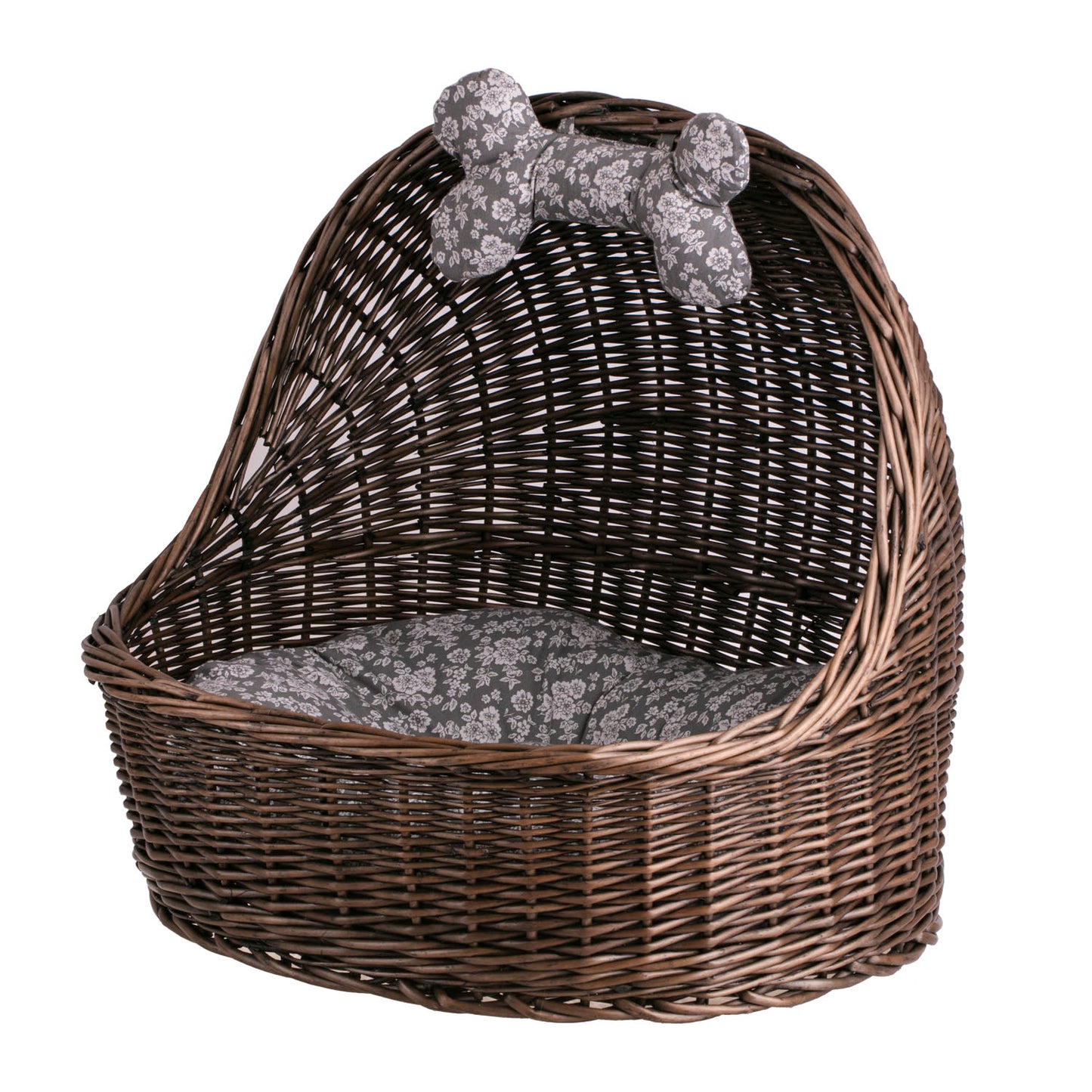 Elsa wicker basket pet bed with gray cushion and bone