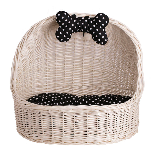 Elsa wicker pet bed basket with black cushion and bow