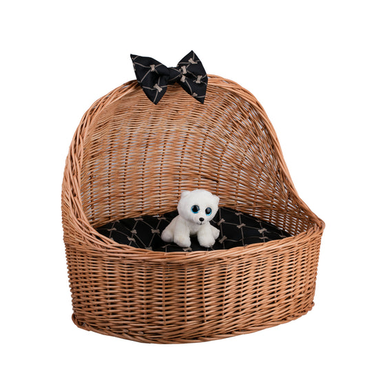 Elsa wicker pet bed basket with black cushion and bow