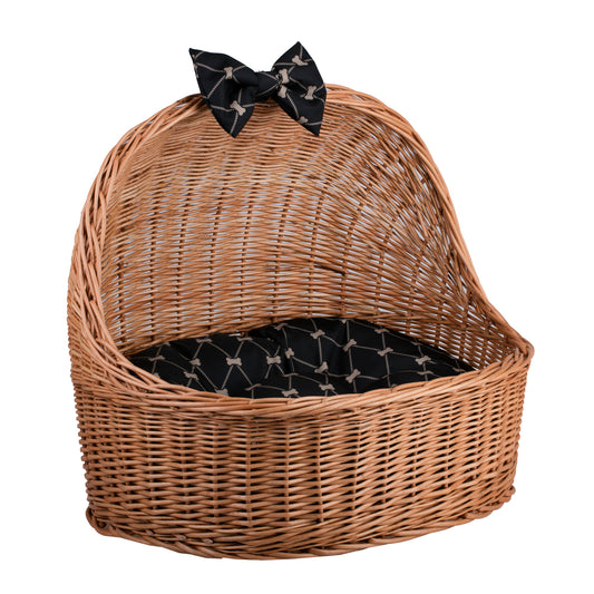 Elsa wicker pet bed basket with black cushion and bow