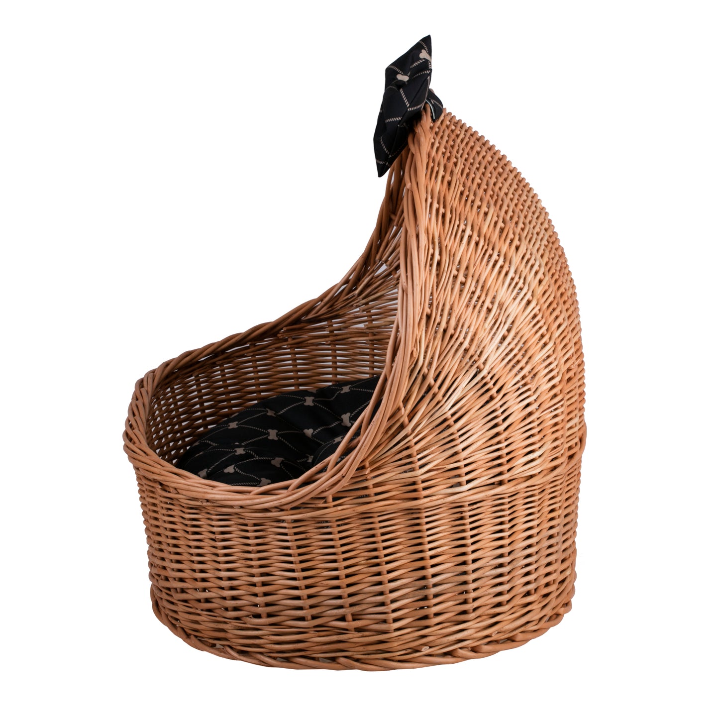 Elsa wicker pet bed basket with black cushion and bow