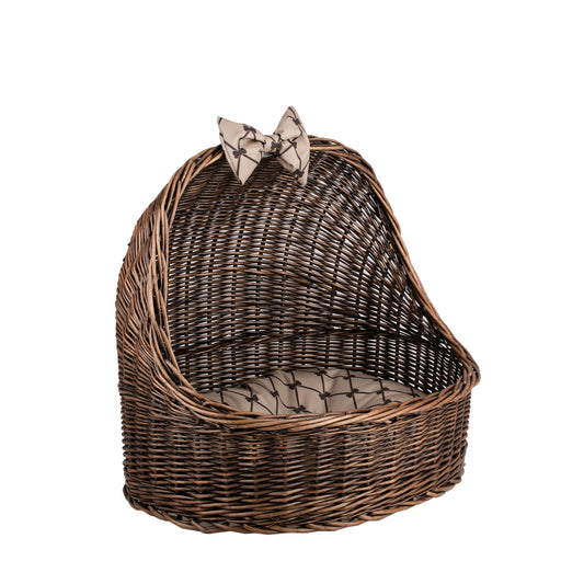 Elsa wicker pet bed basket with beige cushion and bow