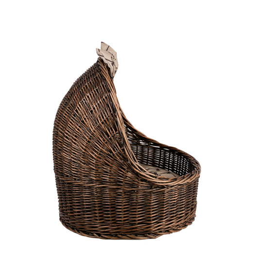 Elsa wicker pet bed basket with beige cushion and bow