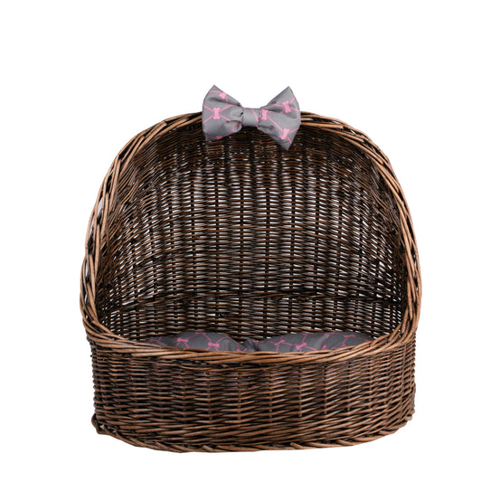 Elsa wicker pet bed basket with grey cushion and bow