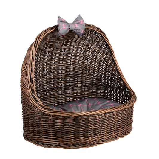 Elsa wicker pet bed basket with grey cushion and bow