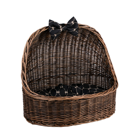 Elsa wicker pet bed basket with black cushion and bow