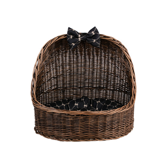 Elsa wicker pet bed basket with black cushion and bow