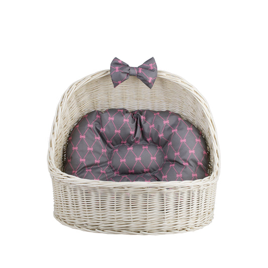 Elsa wicker pet bed basket with grey cushion and bow