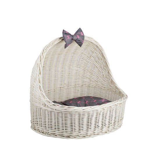 Elsa wicker pet bed basket with grey cushion and bow