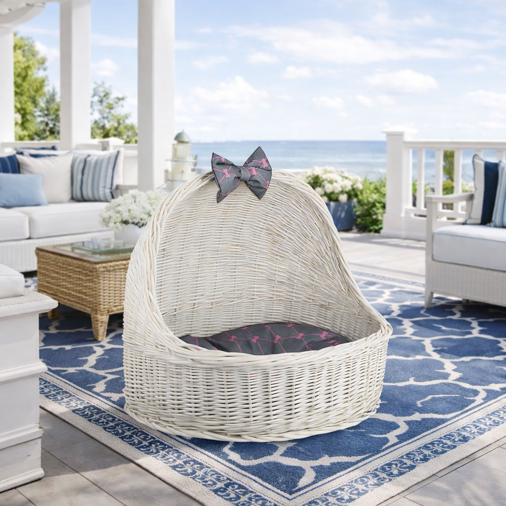 Elsa wicker pet bed basket with grey cushion and bow TheWickerStories