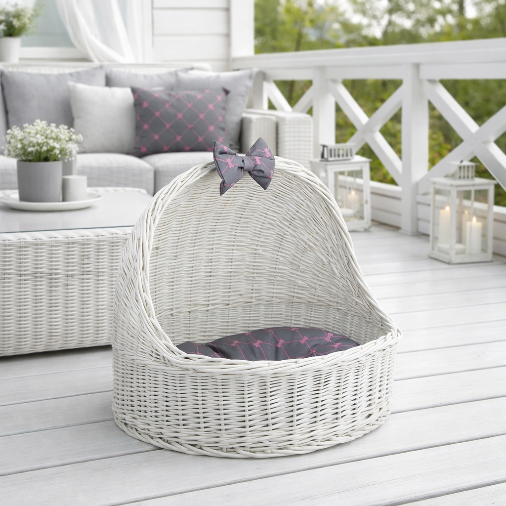 Elsa wicker pet bed basket with grey cushion and bow TheWickerStories