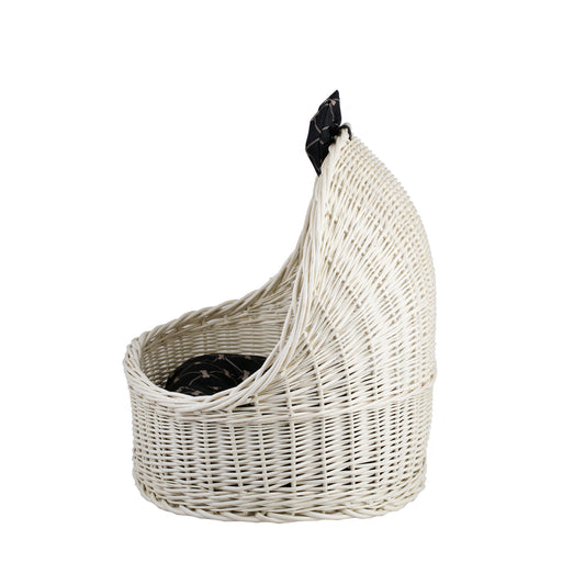 Elsa wicker pet bed basket with black cushion and bow