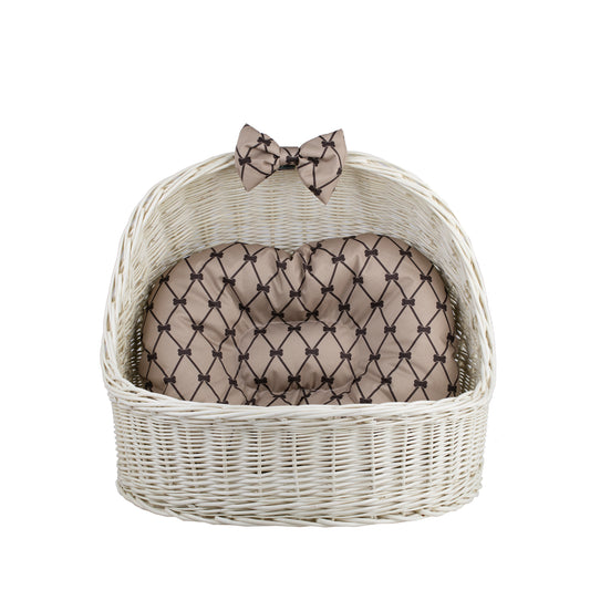 Elsa wicker pet bed basket with beige cushion and bow