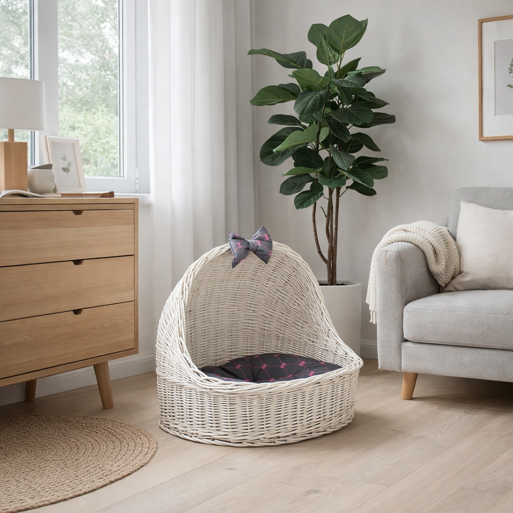 Elsa wicker pet bed basket with grey cushion and bow TheWickerStories