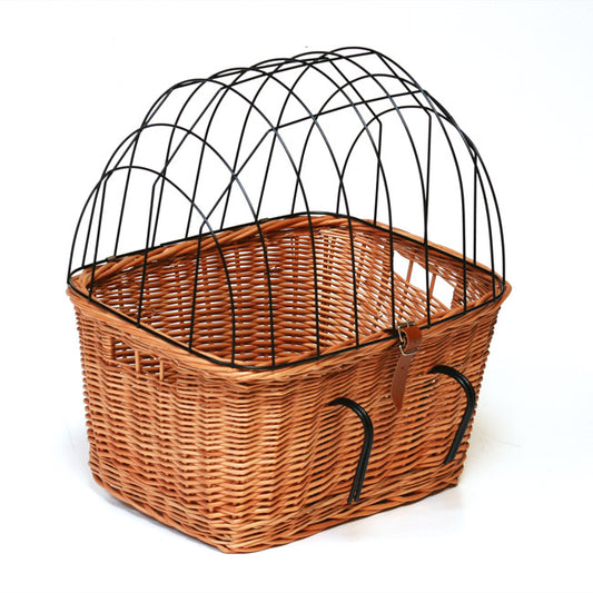 Timoria rieten fietskorf voor huisdieren met deksel en metalen rooster, met leren riemen