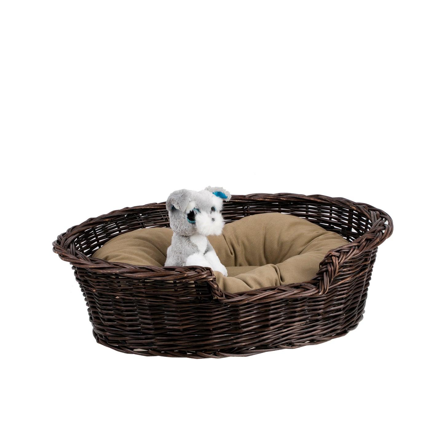 Esmira wicker pet bed for dogs and cats with beige cushion and lowered entrance