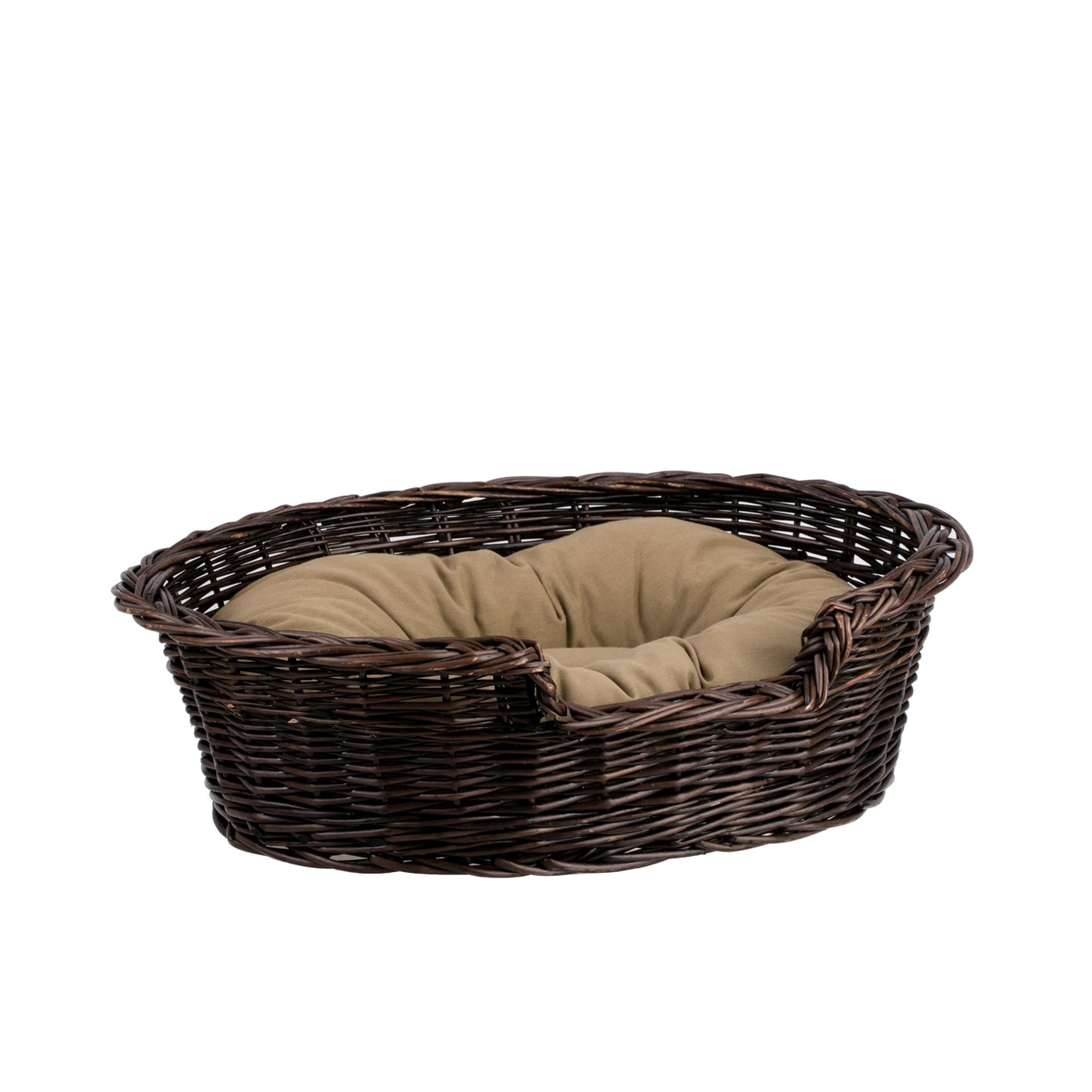 Esmira wicker pet bed for dogs and cats with beige cushion and lowered entrance