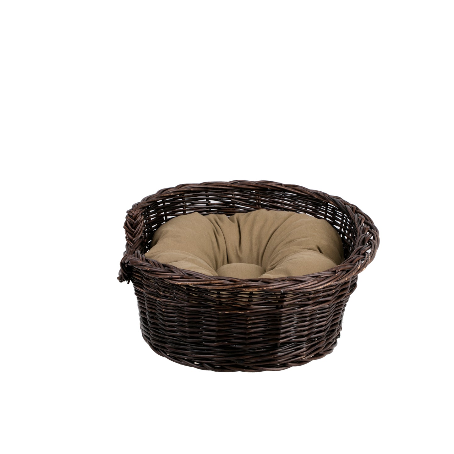 Esmira wicker pet bed for dogs and cats with beige cushion and lowered entrance