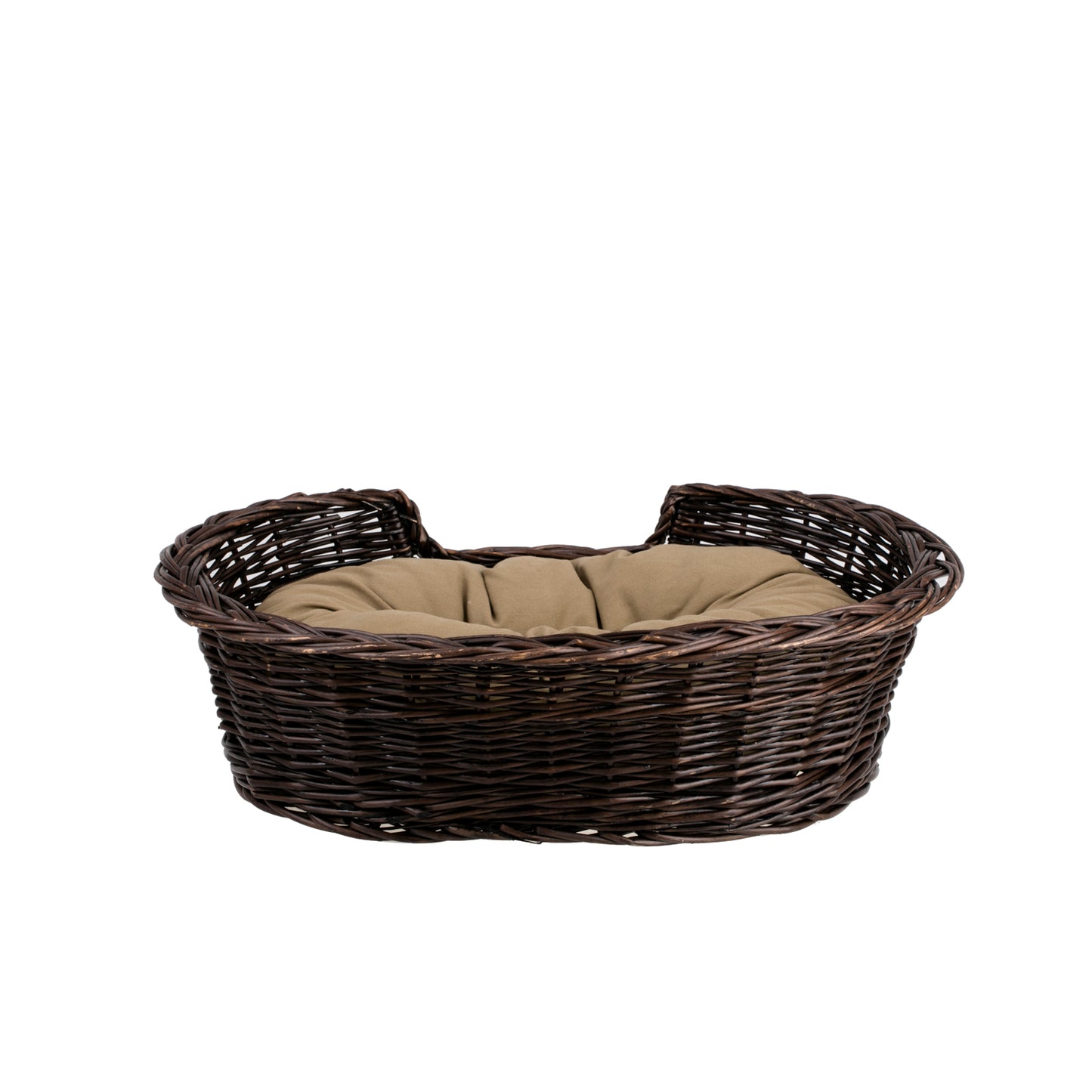 Esmira wicker pet bed for dogs and cats with beige cushion and lowered entrance