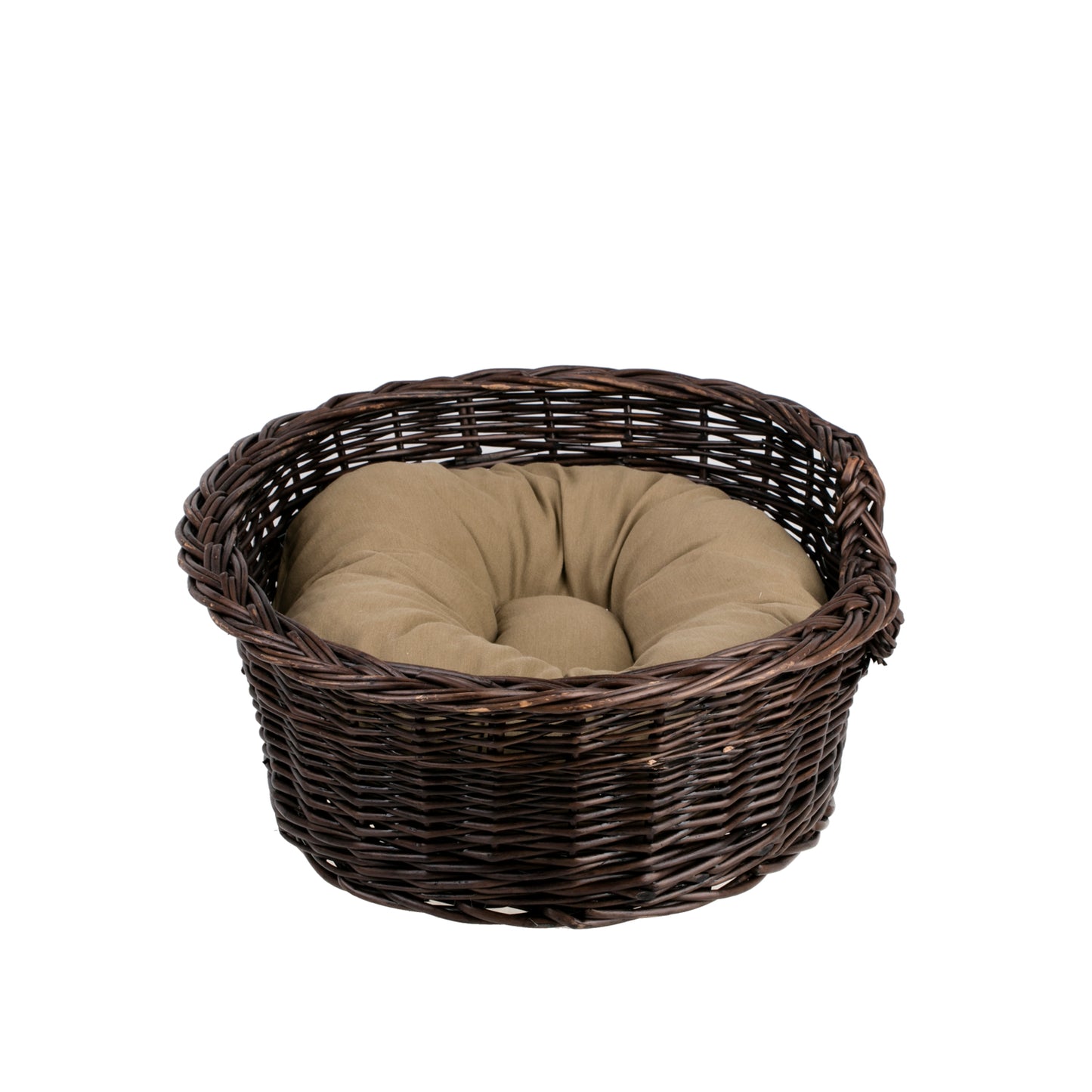 Esmira wicker pet bed for dogs and cats with beige cushion and lowered entrance
